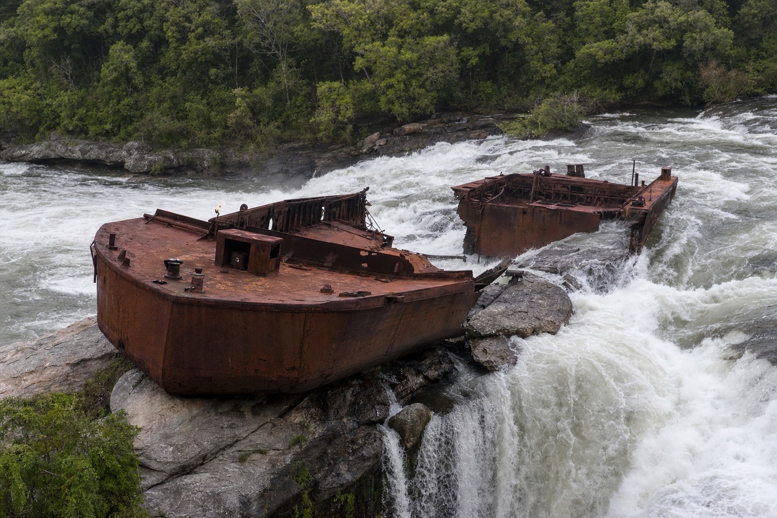 The rusted remains of the Iron Scow grounded in the rapids above Horseshoe Falls