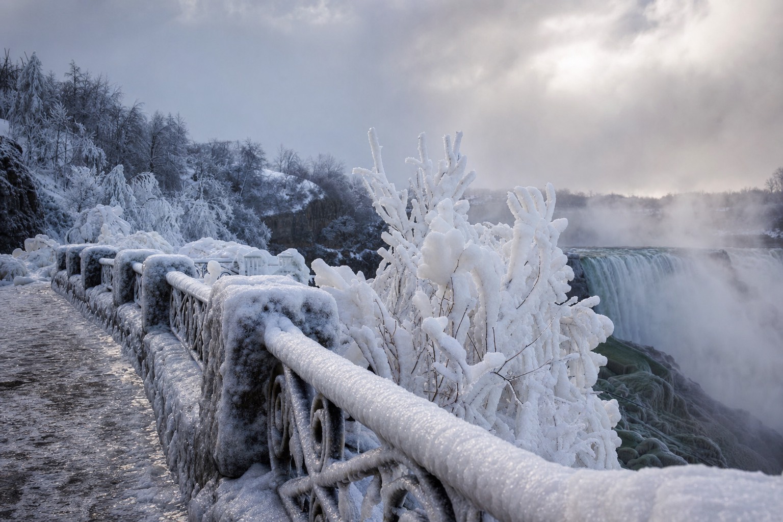 Frost-covered railings and trees along the Niagara gorge in deep winter